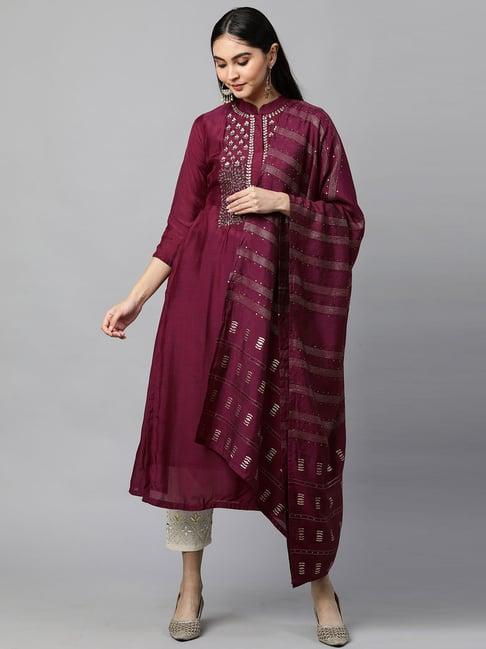 fashor purple embellished straight kurta with dupatta