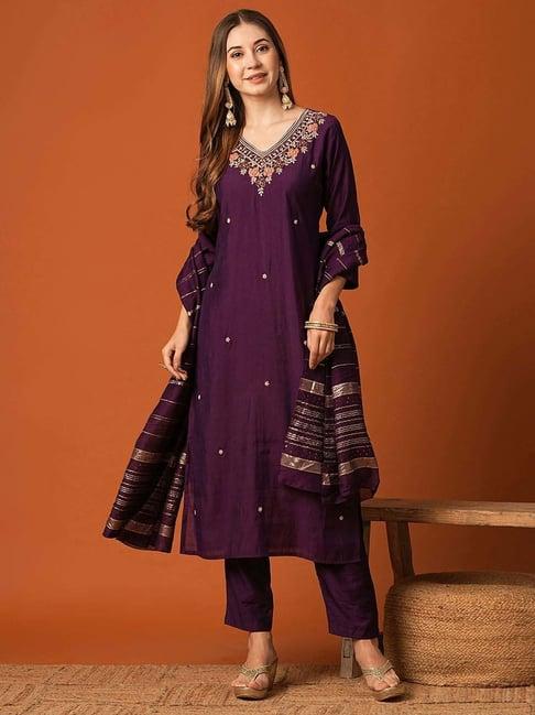 fashor purple embroidered kurta & pant set with dupatta