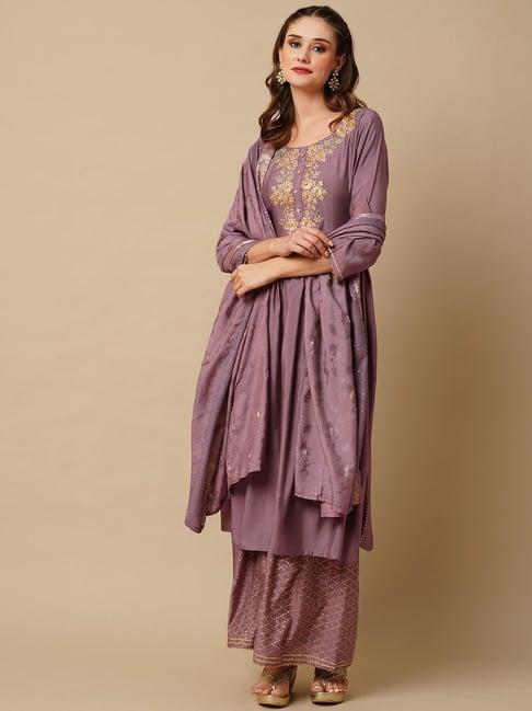 fashor purple embroidered kurta palazzo set with dupatta