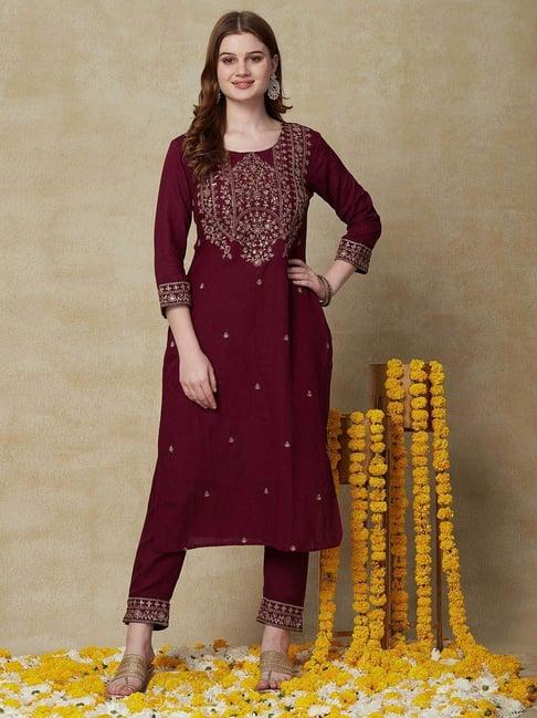 fashor purple embroidered kurta pant set