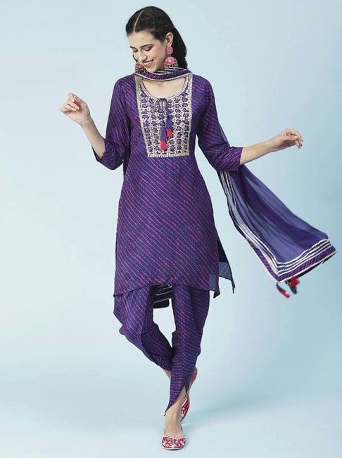 fashor purple embroidered kurti dhoti pant set with dupatta
