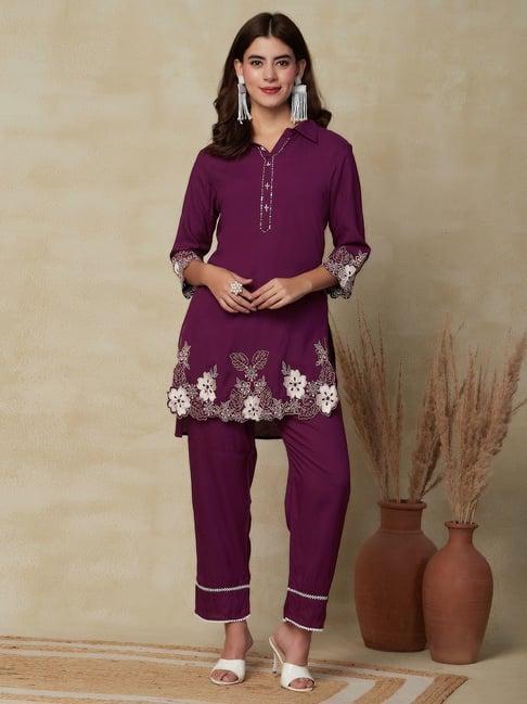 fashor purple embroidered kurti pant set