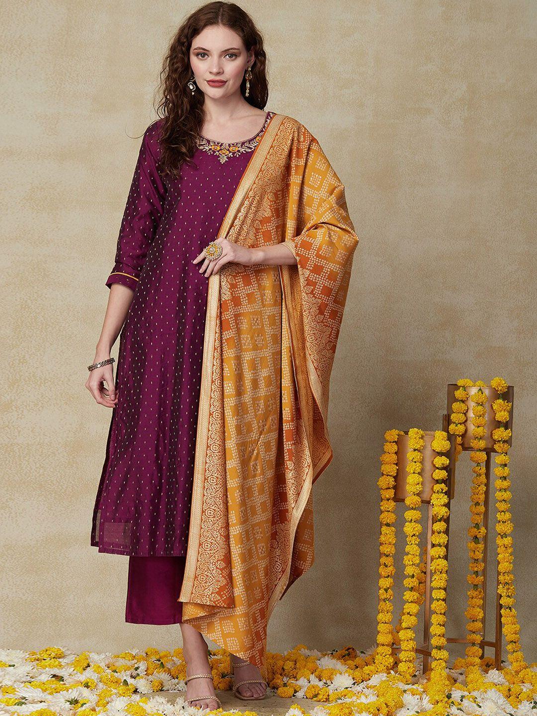 fashor purple ethnic motifs embroidered kurta & trousers with dupatta