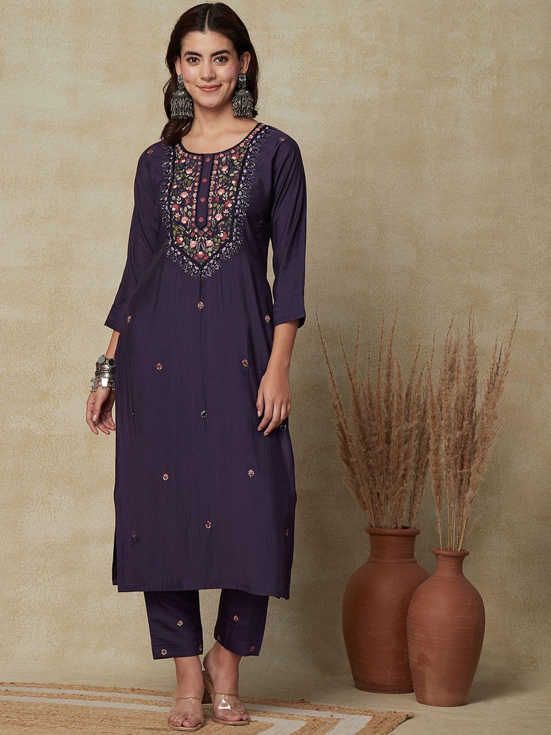 fashor purple floral embroidered straight kurta