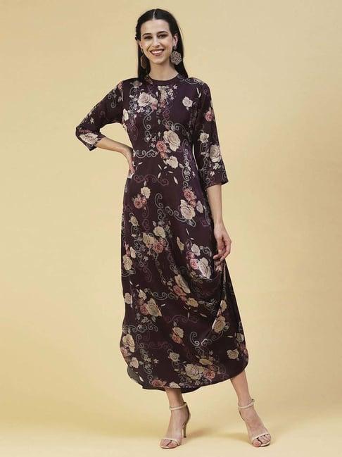 fashor purple floral print a-line dress