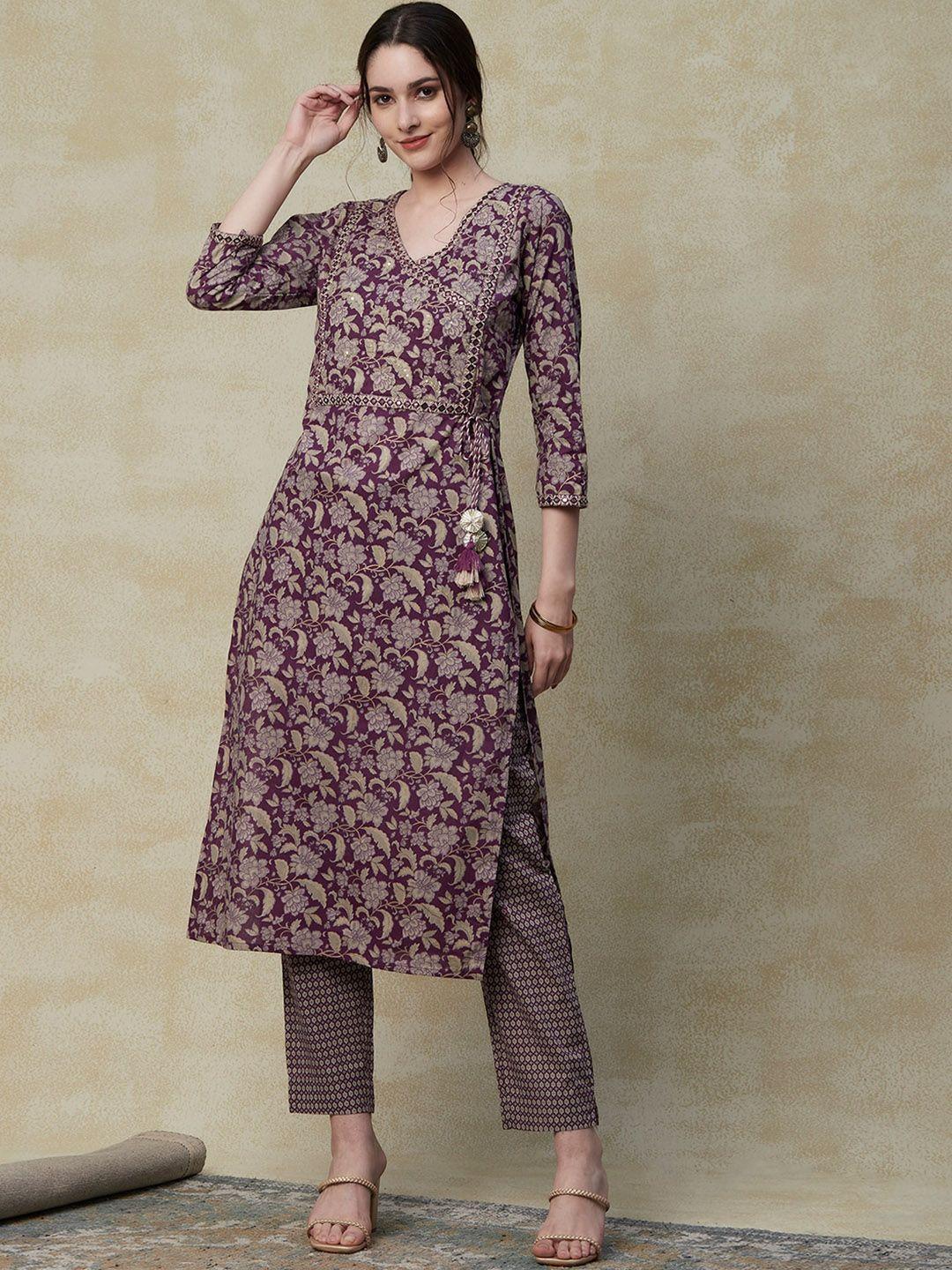 fashor purple floral printed mirror work angrakha pure cotton straight kurta with trousers