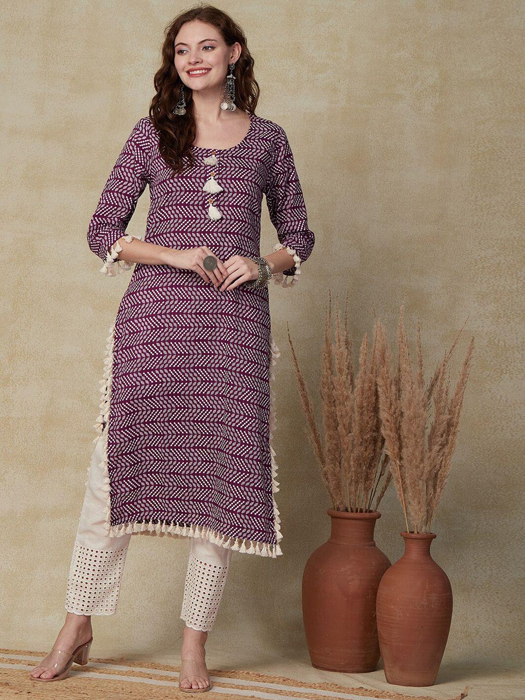 fashor purple geometric printed round neck cotton straight kurta