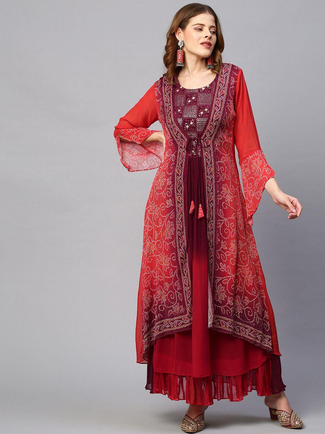 fashor purple georgette embroidered ombre dress with bandhani printed jacket