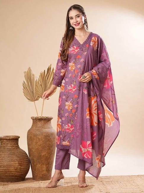 fashor purple printed kurta & pants set with dupatta
