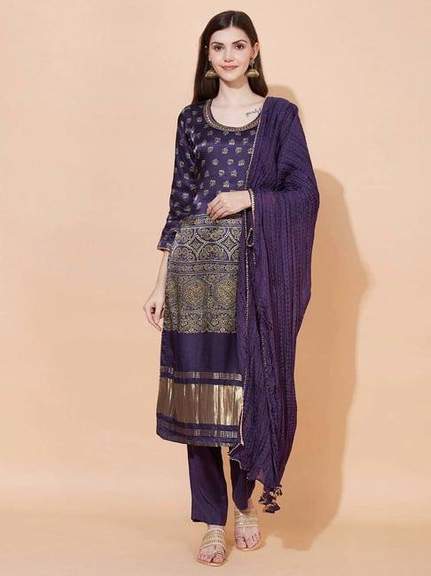 fashor purple printed kurta pant set with dupatta