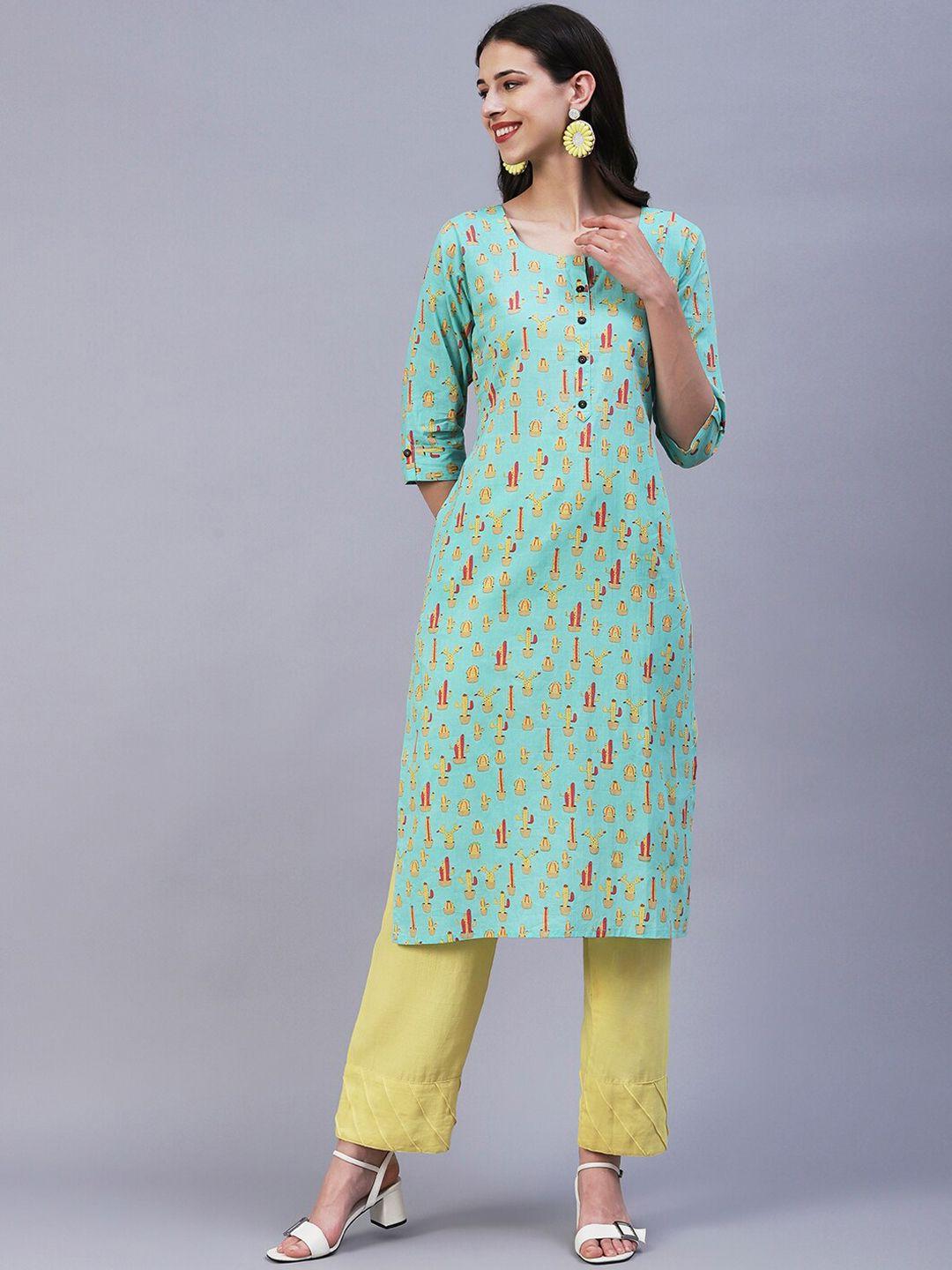 fashor quirky printed roll up sleeves pure cotton kurta