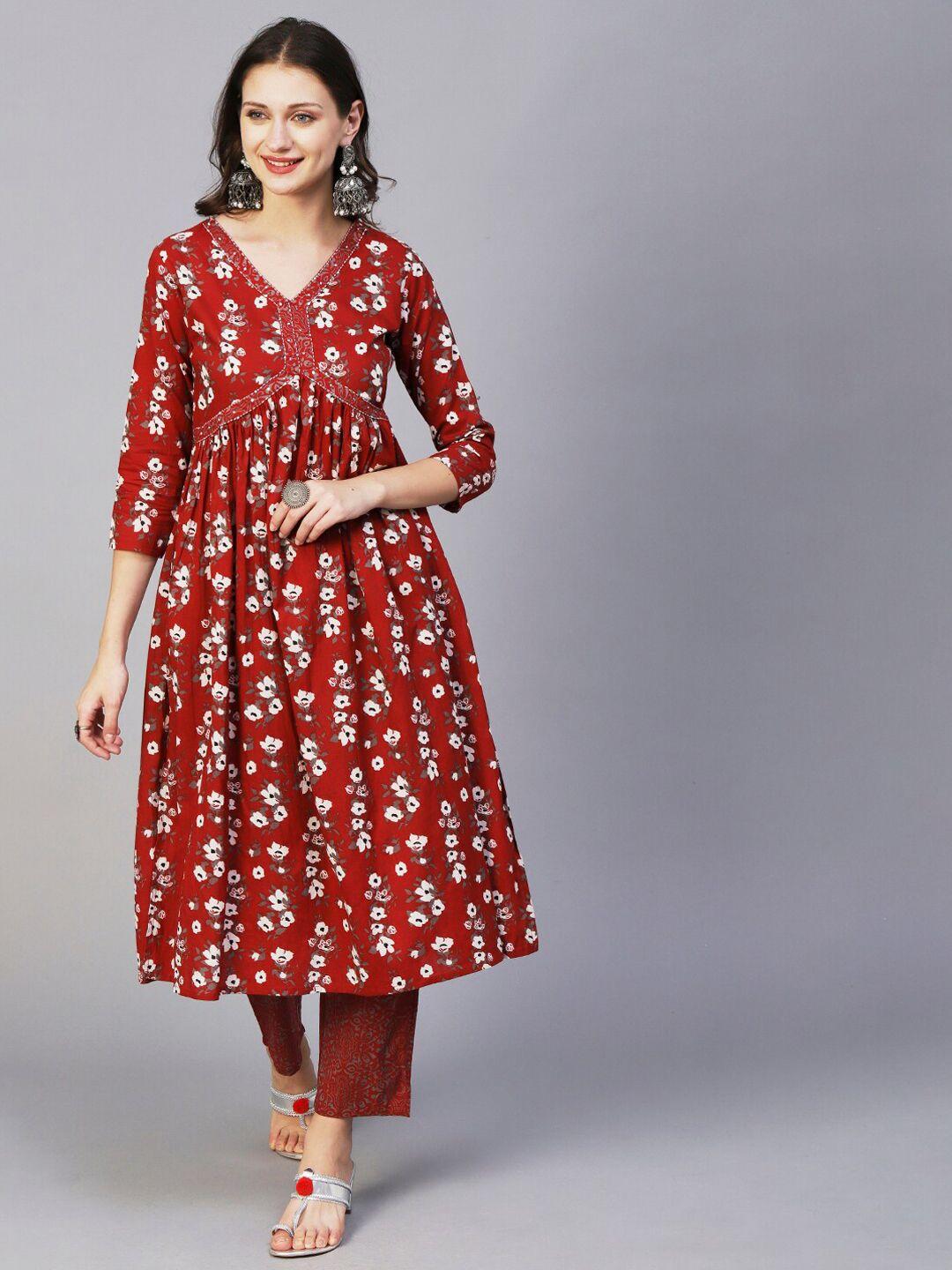 fashor red & white floral printed pleated a-line pure cotton kurta with trousers