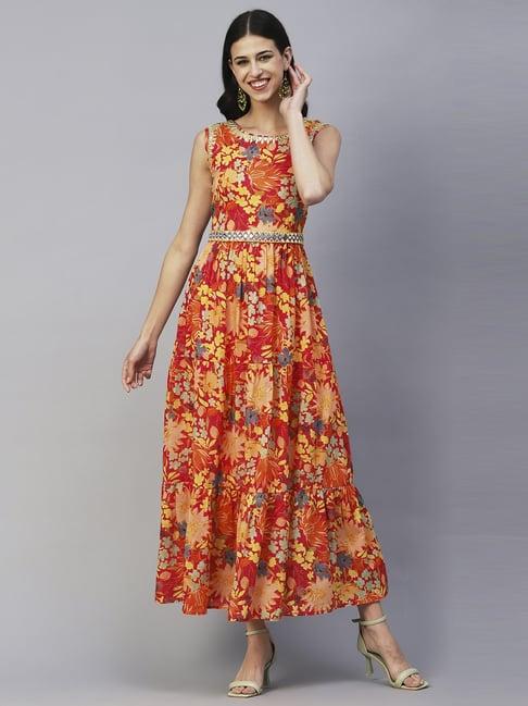 fashor red & yellow cotton floral print maxi dress