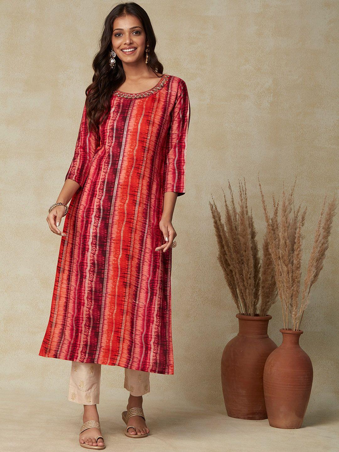 fashor red abstract printed thread work kurta