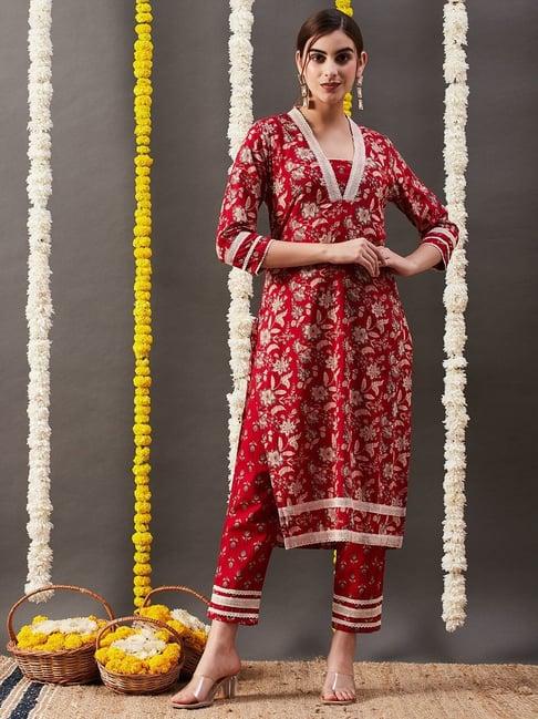 fashor red cotton floral print kurta pant set