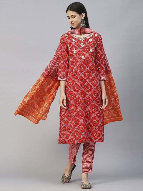 fashor red cotton printed kurta pant set with dupatta