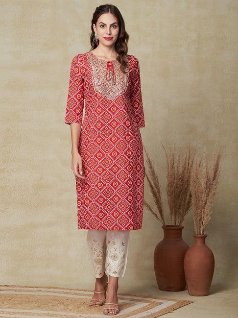 fashor red cotton printed straight kurta