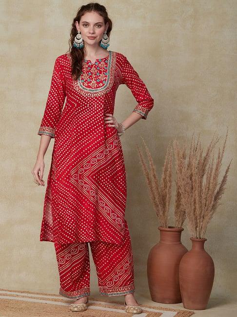 fashor red embroidered kurta palazzo set