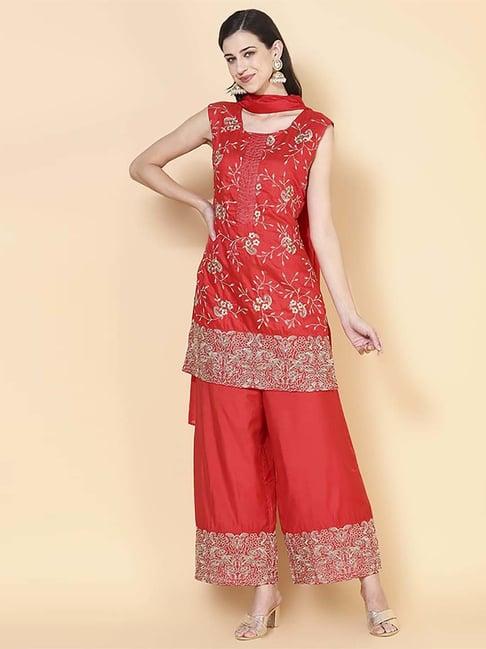 fashor red embroidered kurti palazzo set with dupatta