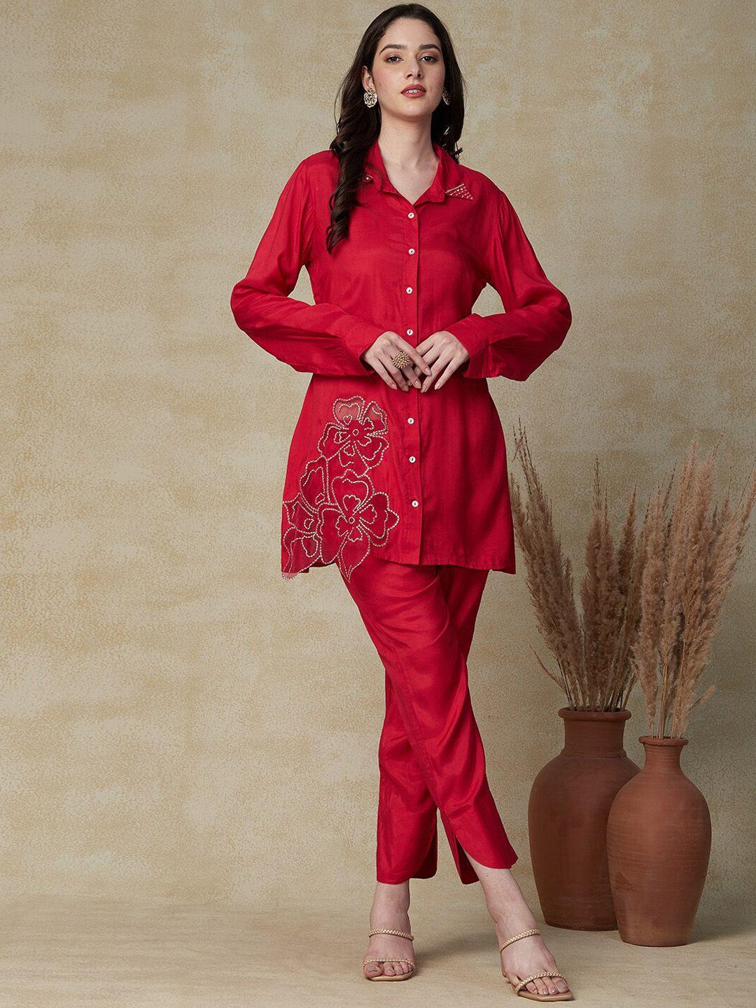 fashor red embroidered shirt with trouser co-ords