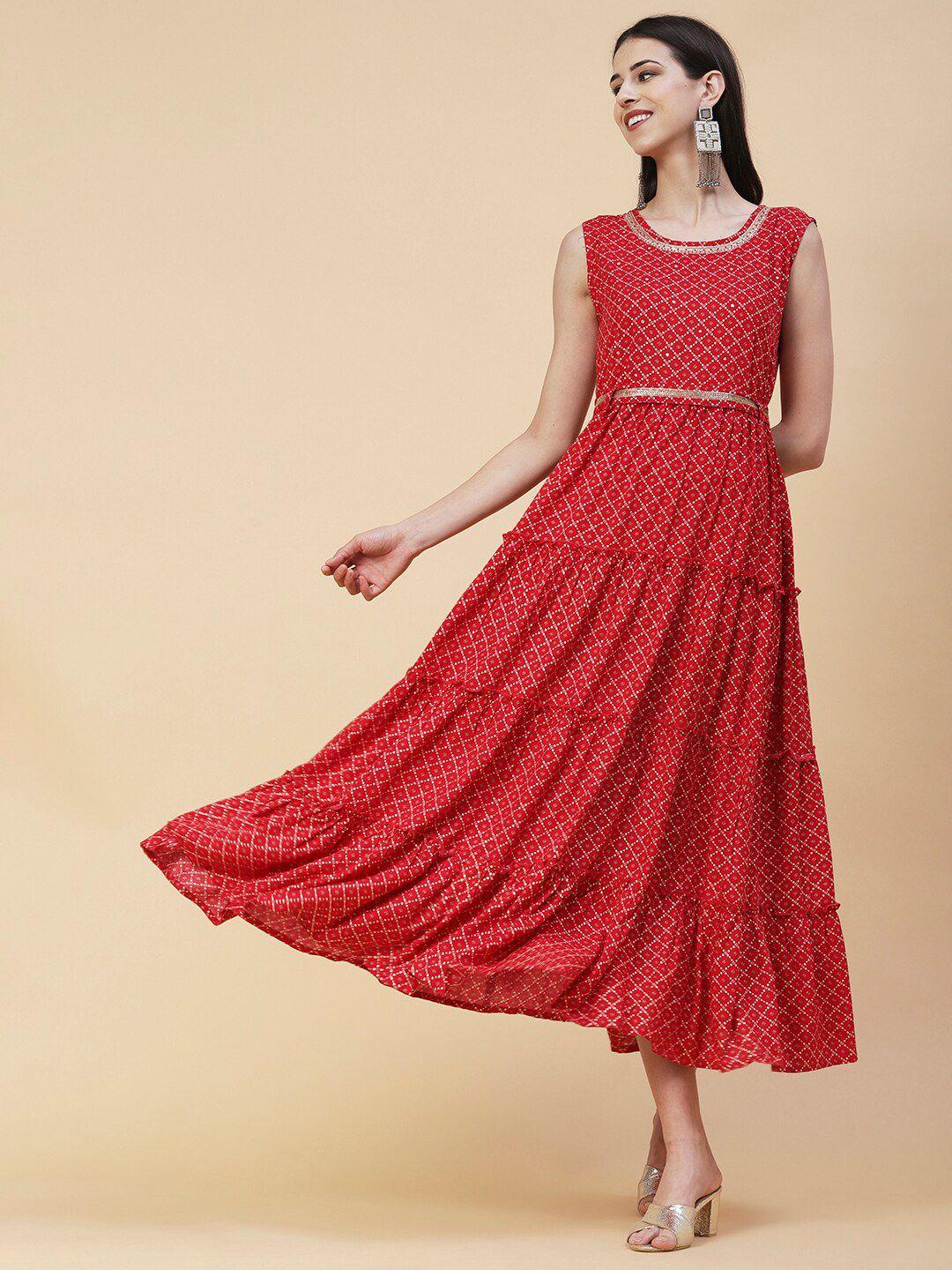 fashor red ethnic motifs print maxi dress