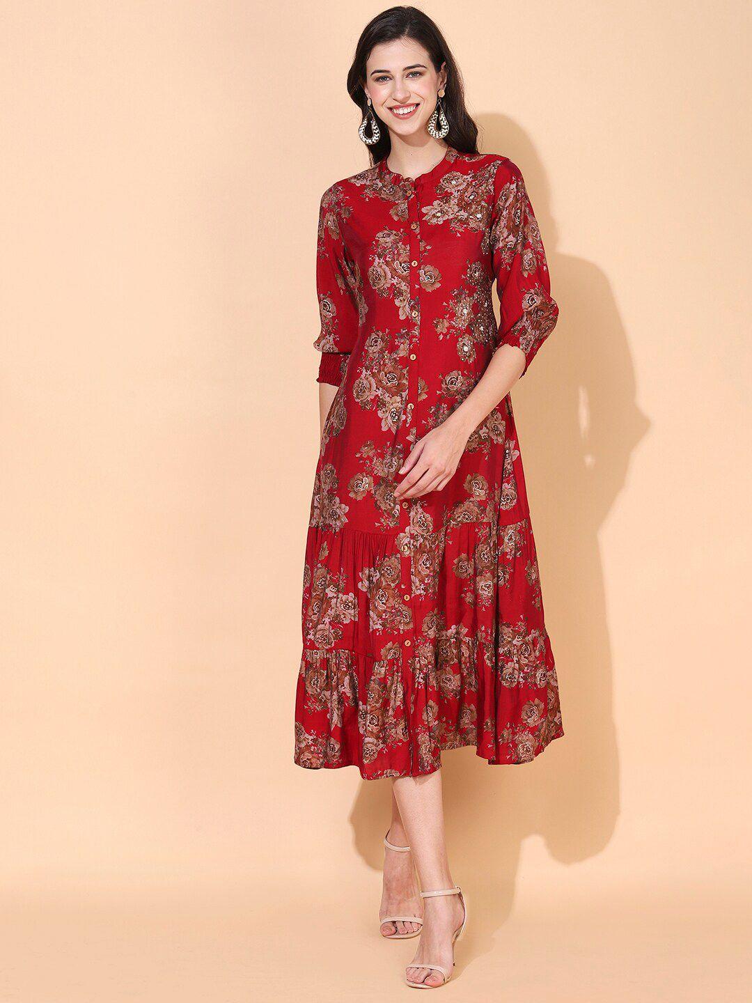 fashor red floral a-line midi dress