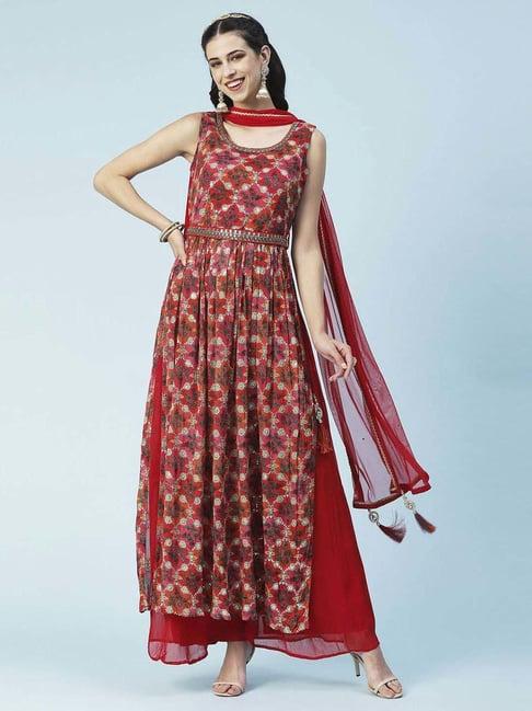 fashor red floral print kurta palazzo set with dupatta