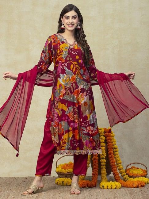 fashor red floral print kurta pant set with dupatta