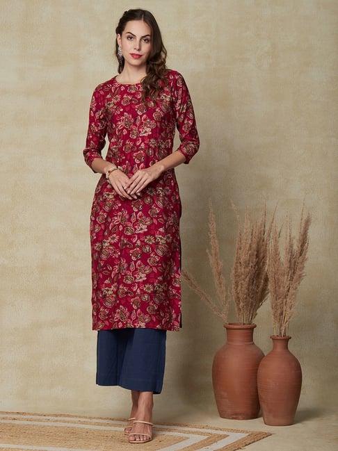 fashor red floral print straight kurta