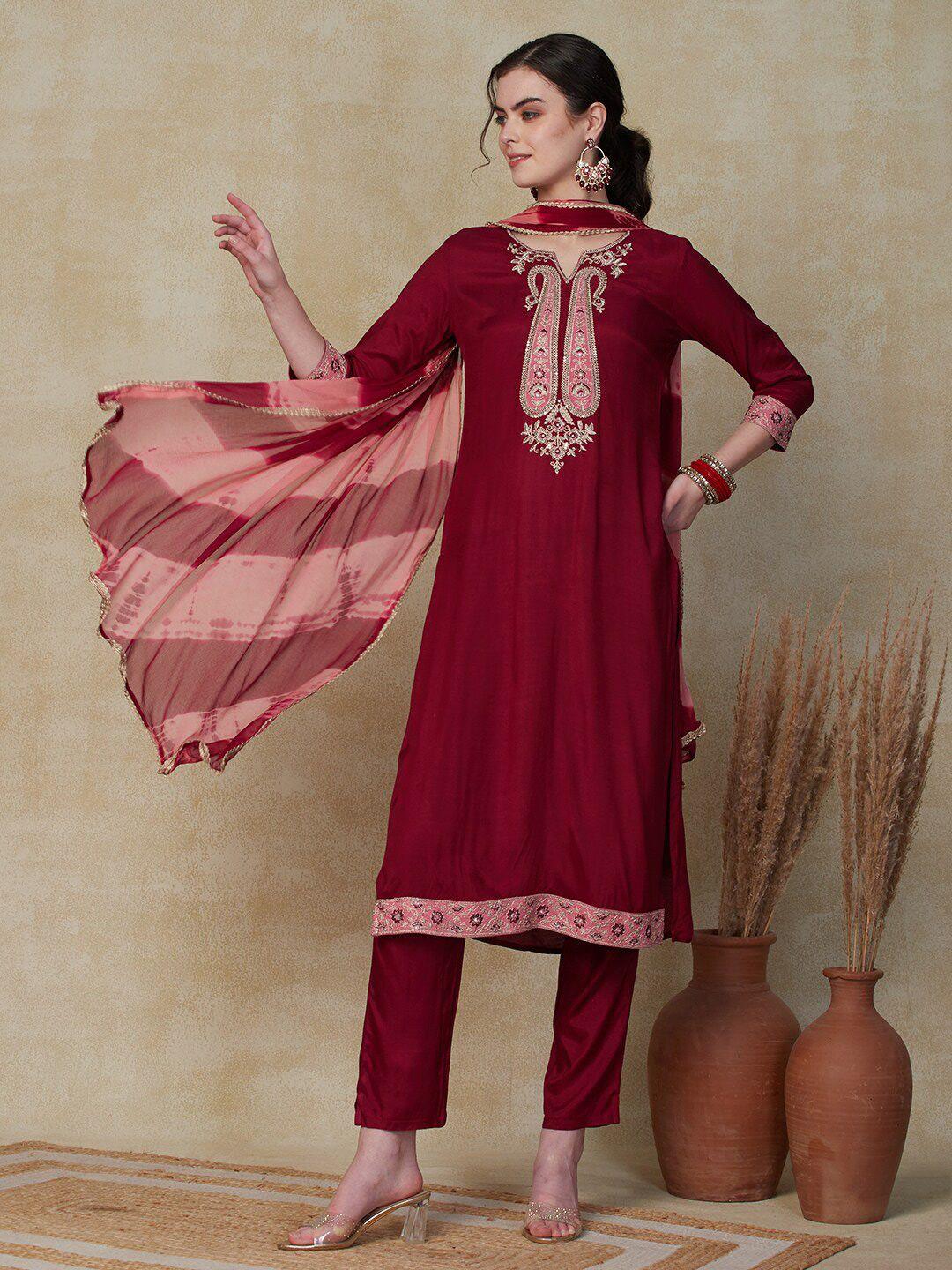 fashor red paisley yoke design mirror work kurta with trousers dupatta