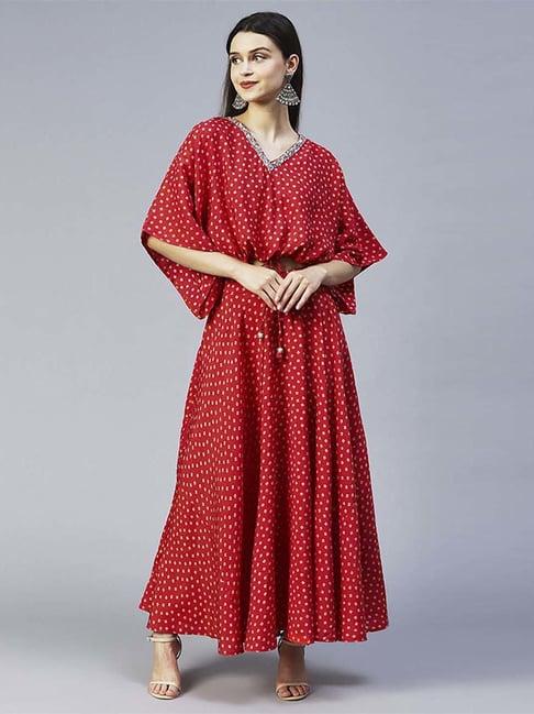 fashor red printed crop top skirt set