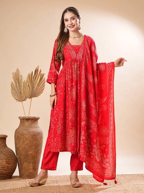 fashor red printed kurta & pants set with dupatta