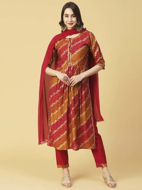 fashor red printed kurta pant set with dupatta