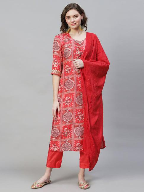 fashor red printed kurta pant set with dupatta