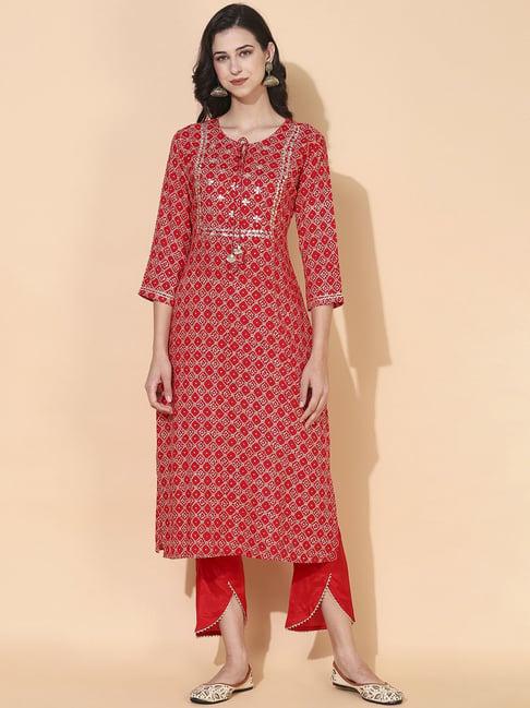 fashor red printed kurta pant set