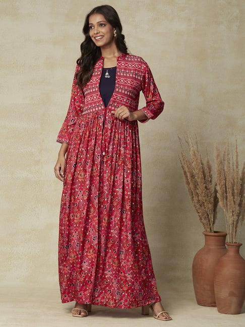 fashor red printed maxi dress with jacket