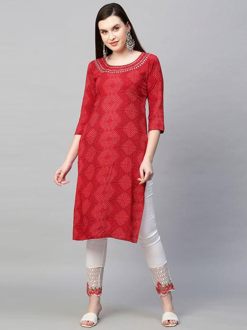 fashor red rayon bandhani kurta