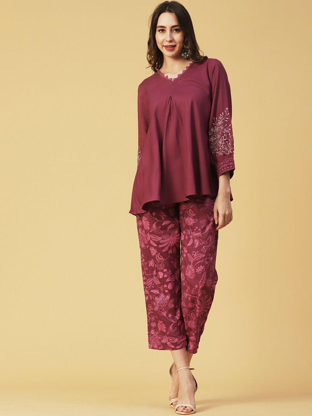 fashor resham embroidered detailing tunic with printed trousers co-ord set