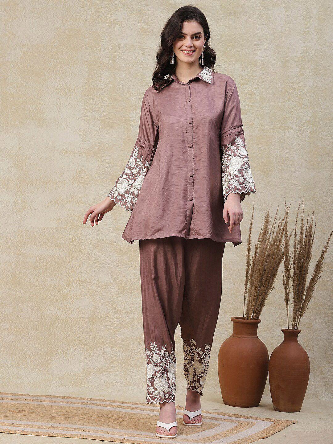 fashor resham embroidered shirt-collar tunic with trousers co-ords