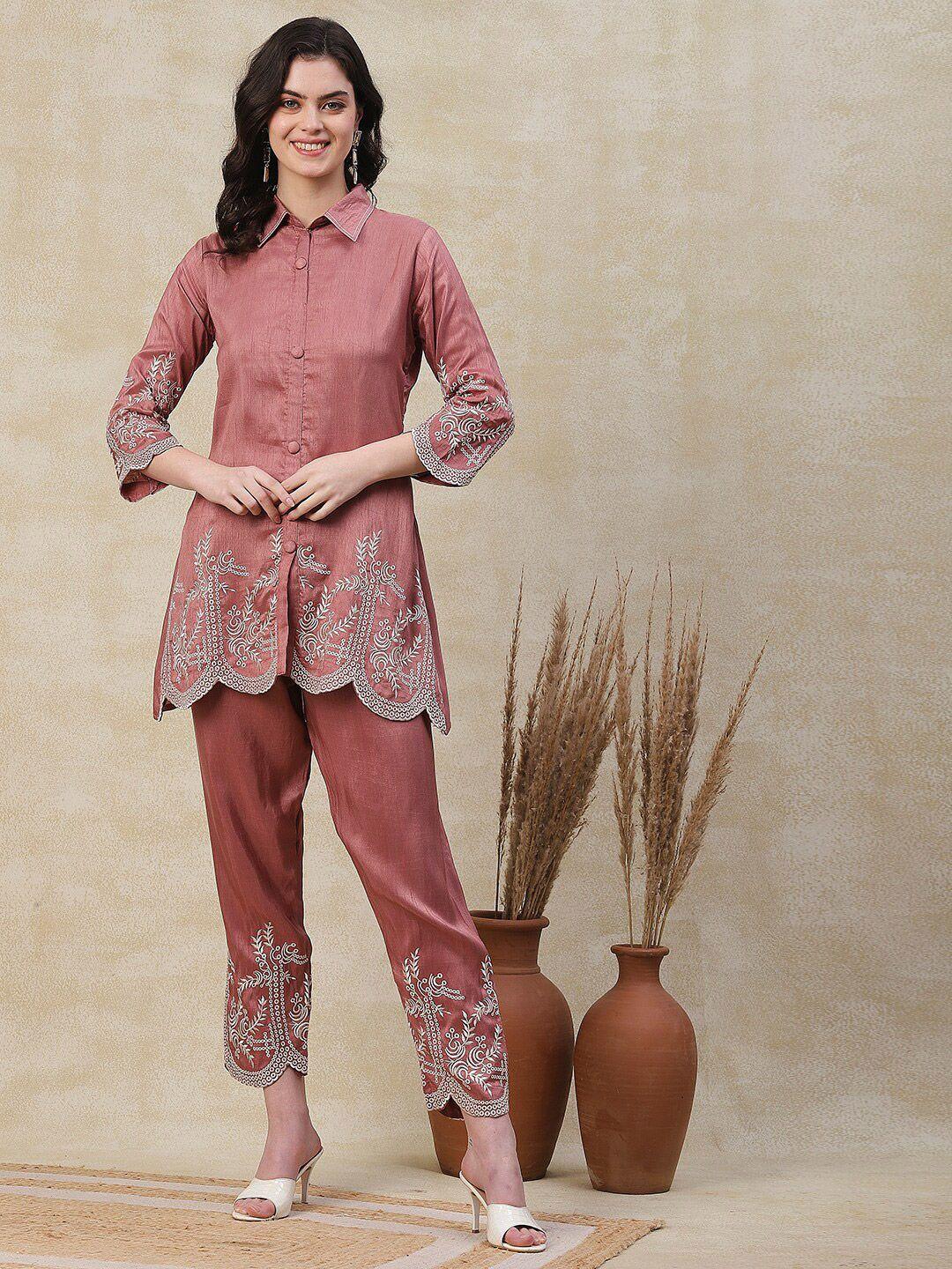 fashor resham embroidered shirt-collar tunic with trousers co-ords