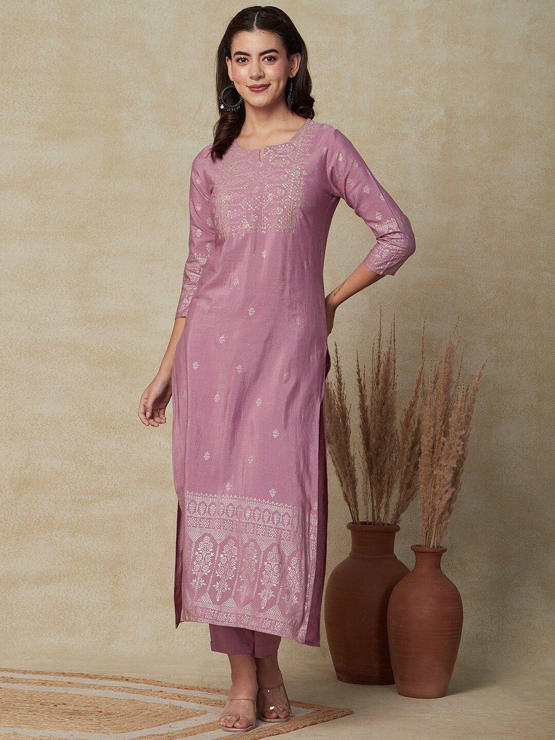 fashor rose floral printed three-quarter sleeve zari foil regular kurta with trouser