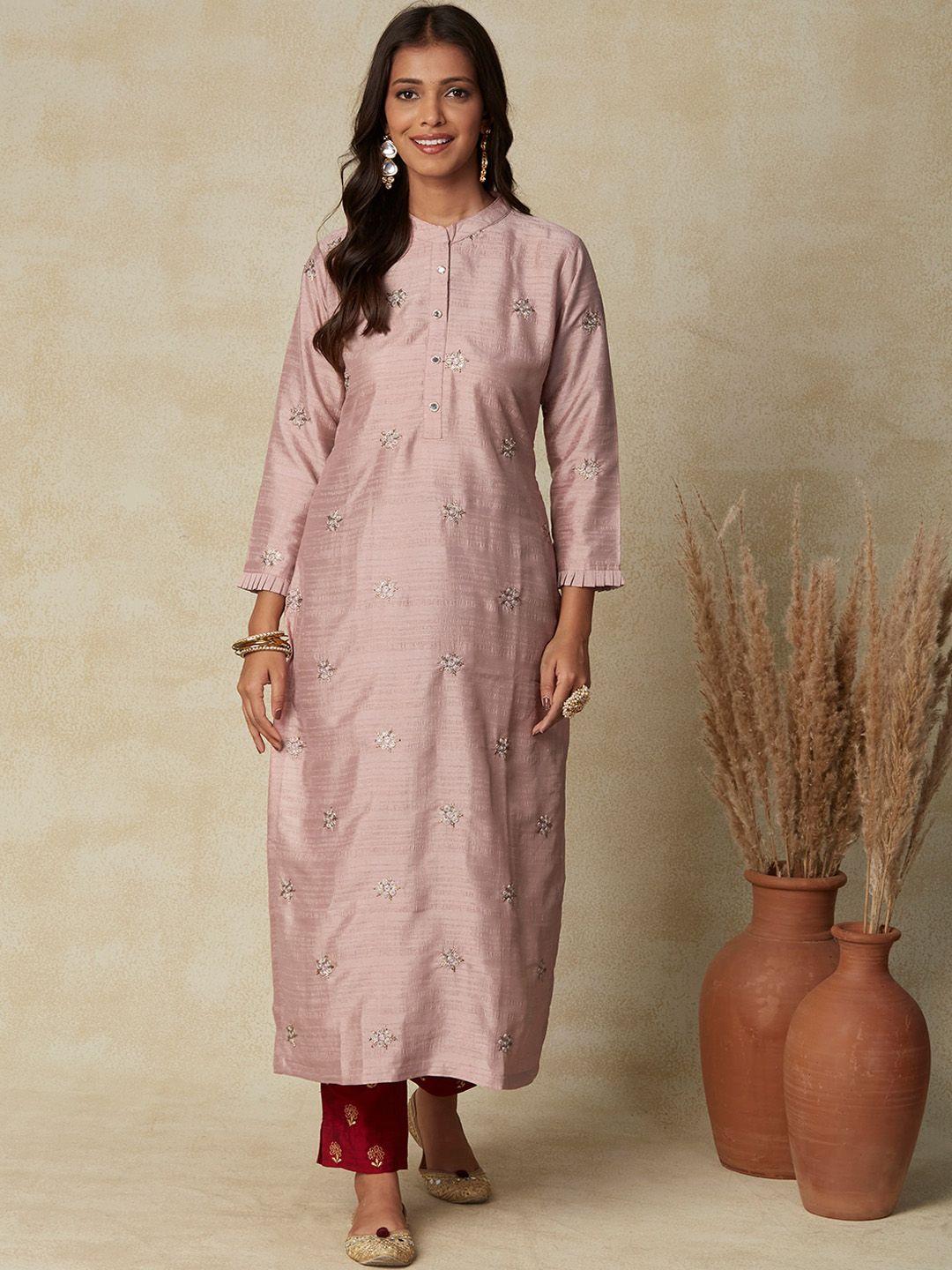 fashor rose gold-toned embrodiered band collar kurta