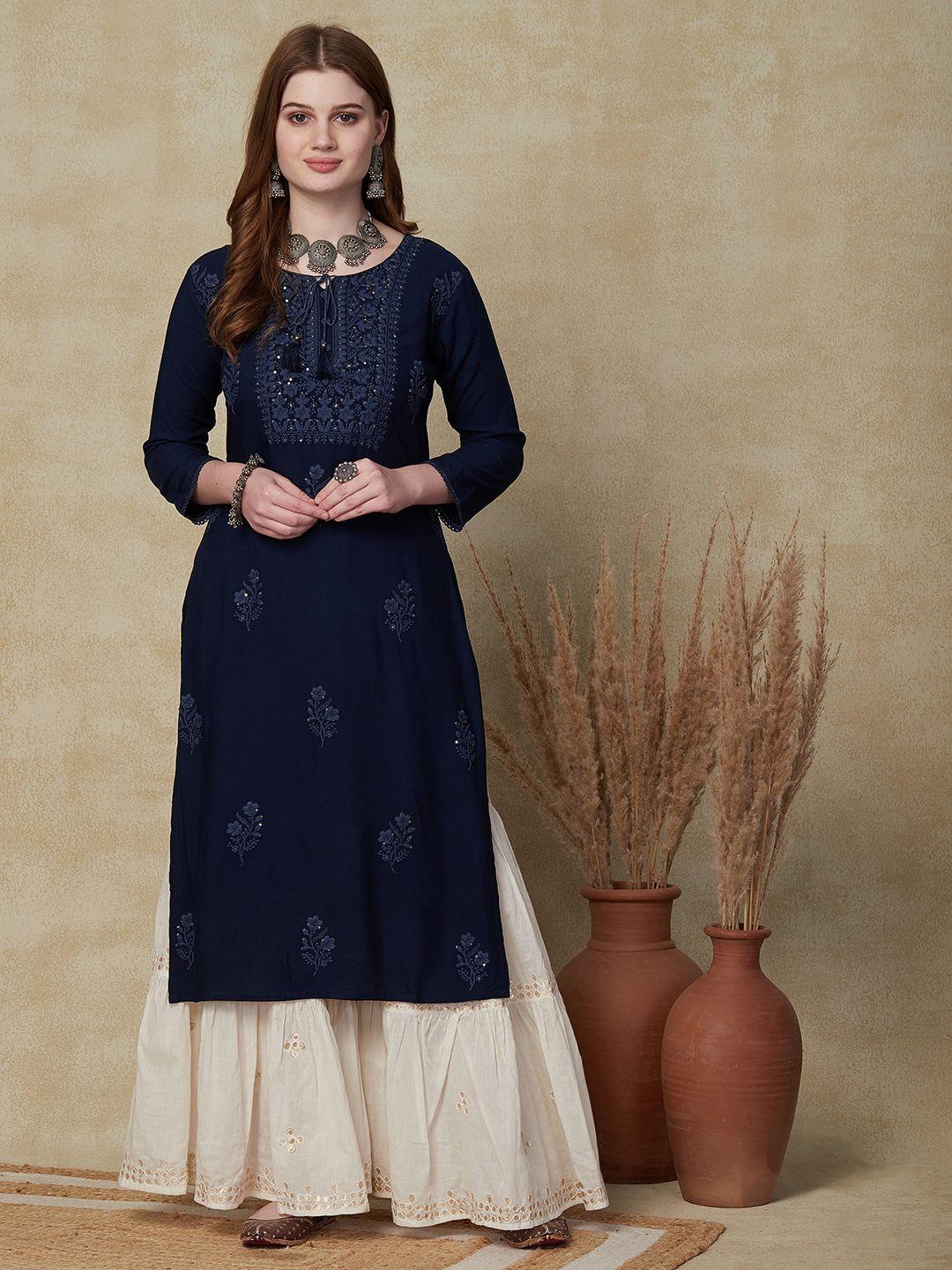 fashor round neck ethnic motifs embroidered a-line kurta