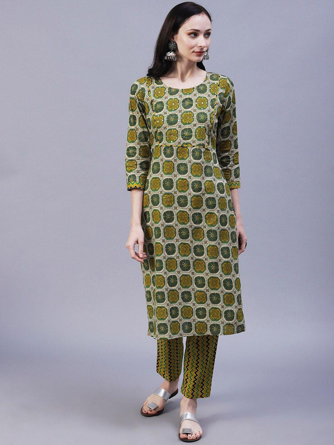 fashor round neck ethnic motifs printed sequinned pure cotton straight kurta with trousers