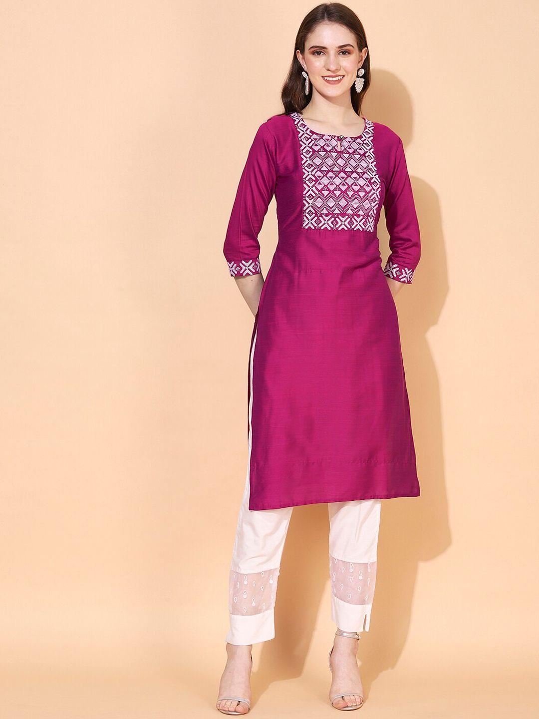 fashor round neck geometric embroidered yoke design cotton silk kurta