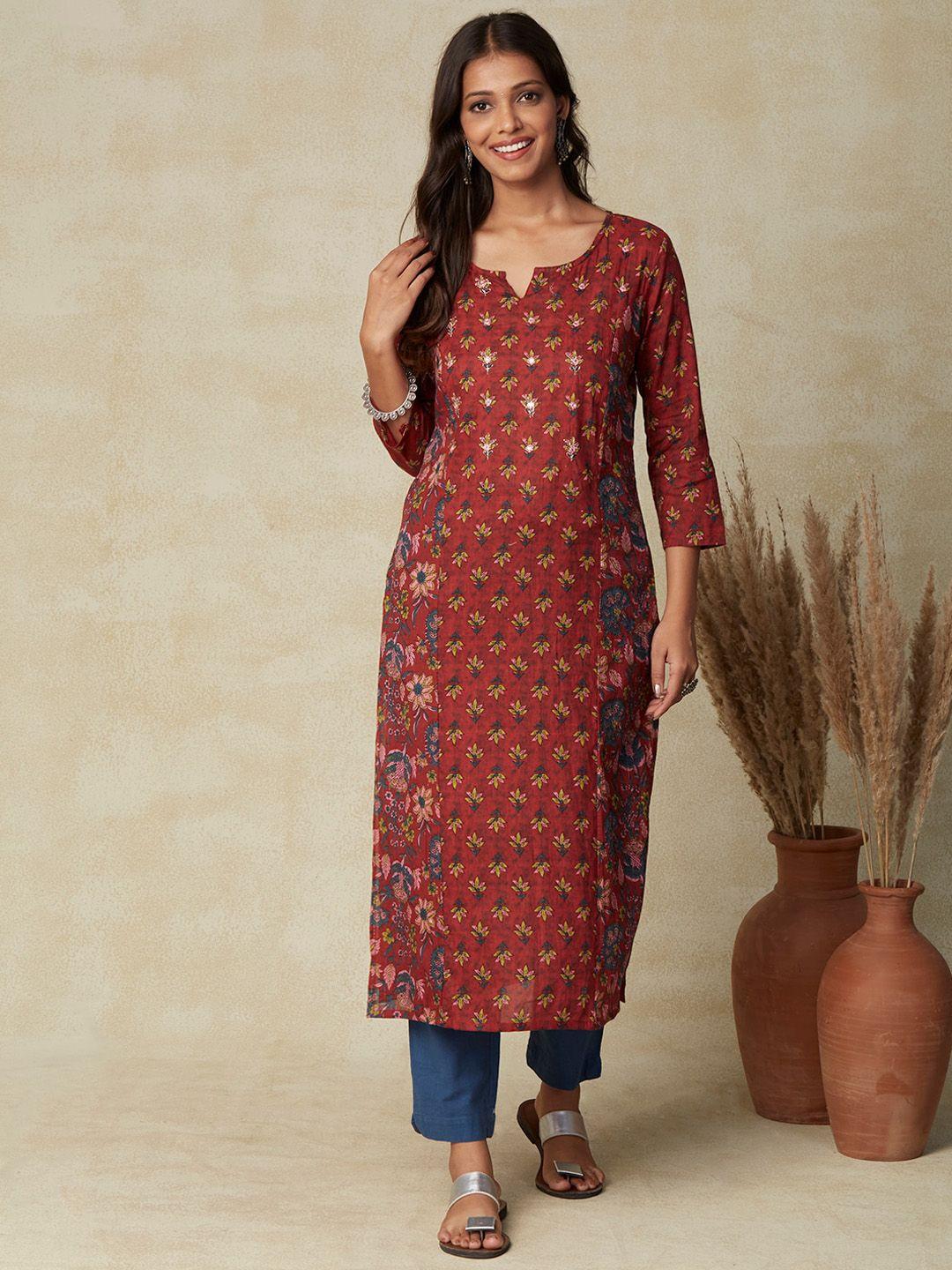 fashor rust & yellow floral printed zari cotton straight kurta