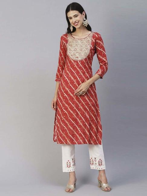 fashor rust embroidered straight kurta