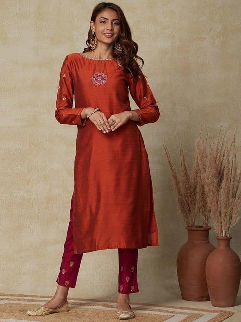 fashor rust embroidered straight kurta