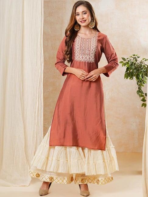 fashor rust embroidered straight kurta