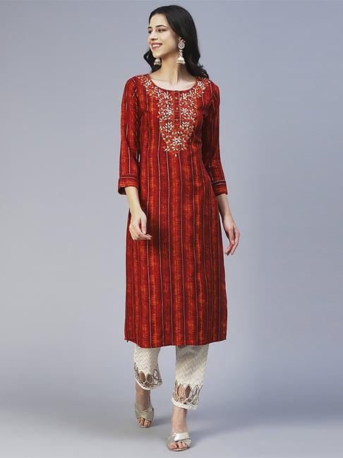 fashor rust embroidered straight kurta